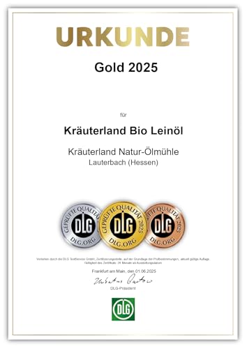 Kräuterland Bio Leinöl 4X250ml (1L), Bio Leinsamen, kaltgepresst, mild & nussig, reich an Lignane und Omega 3-6-9 Fettsäuren, naturrein ohne Zusatzstoffe, glasflasche, mühlenfrisch