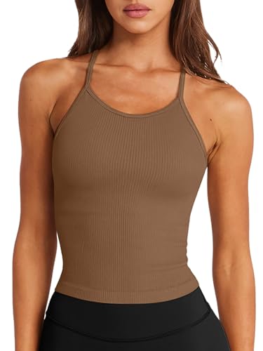 Image of LASLULU Womens Sports Bra Seamless Long Tank Spaghetti Strap Workout Bra