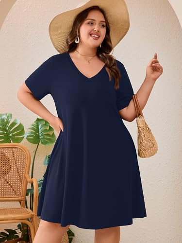 Image of AusLook Plus Size Midi Dress for Women Loose V Neck Short Sleeve Summer Casual A Line T Shirt Sundresses with Pockets 1X-5X