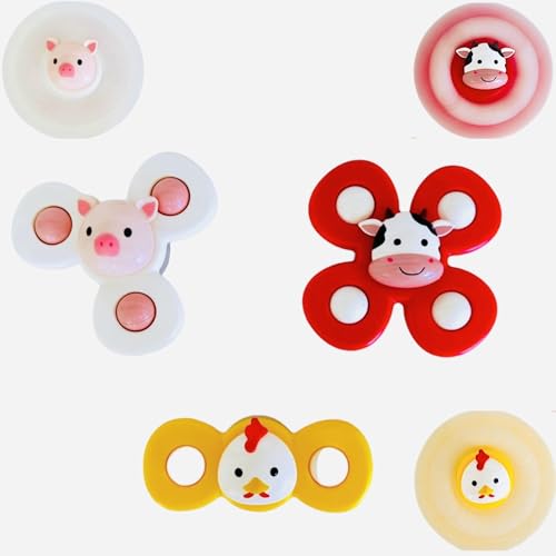 Image of East to Western Farm Animal 3 PCS Suction Cup Spinner Toys - Cow, Pig, Chicken - Baby 6 12 18 Months, Toddler 1 2 Years Old, Kids Ages 1-3 - Boys, Girls - Travel Toys, Sensory Toys, Spinning, Fidget
