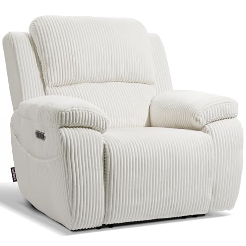 Image of EONIX Real Zero Clearance Wall Hugger Power Recliner Chair with Adjustable Headrest for Small Spaces, RV, Living Room, Bedroom, 24.4'' Seat Width, 400lbs Heavy Duty, SXXY017992, Corduroy, Cream White
