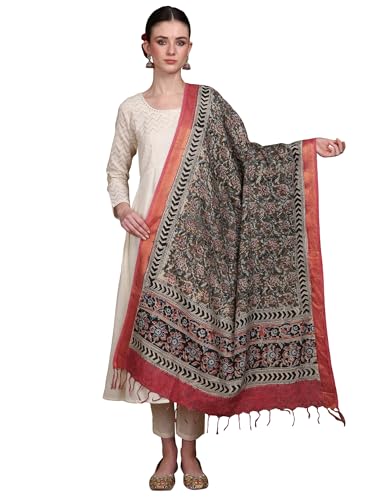 Women's Kalamkari Silk Dupatta with Floral Print and Zari woven Border | Beautiful Flowers Weave Stole, Chunni