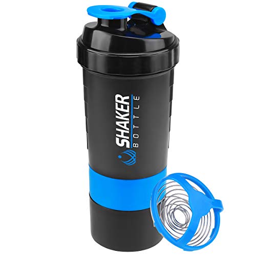 Protein Shaker Bottle - Sports Water Bottle - Non Slip 3 Layer Twist Off 3oz Cups with Pill Tray - Leak Proof Shake Bottle Mixer- Protein Powder 22 oz Shake Cup with Storage
