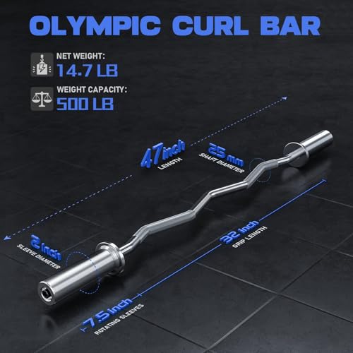 Olympic EZ Curl Barbell Bar, 47" Curl Bar for Weight Lifting, HipThrusts,Squat,Biceps-Home Gym Weight Bar, Chrome Curling Bar with 2Spring Collars for 2 Inch Weight Plates -500lb Weight Capacity - Image 3
