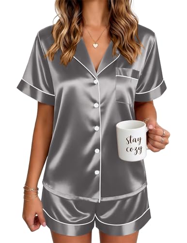 Image of Ekouaer Satin Pajamas for Women Silk Pjs Short Set 2 Piece Lounge Sets
