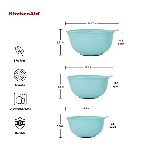 Image of KitchenAid Universal Nesting Plastic Mixing Bowls with Non Slip Base and Pour Spout, Dishwasher Safe, Set Of 3, 2.5 quart, 3.5 quart and 4.5 quart, Aqua Sky