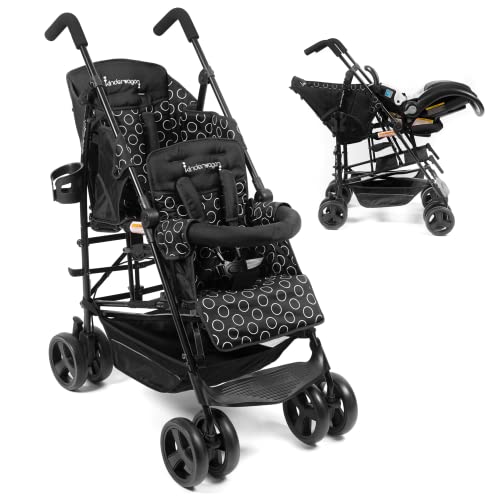 Kinderwagon HOP Lightweight Double Stroller – Umbrella Stroller, Twin Stroller Compatible with One Infant Car Seat, Smooth Infant and Toddler Double Stroller, Includes Rain Cover & Cup Holder (Black)