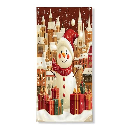 Pancarta decorativa para puerta de muñeco de nieve navideño, escena festiva de invierno con regalos, decoración de temporada para interiores y exteriores, 91 x 183 cm