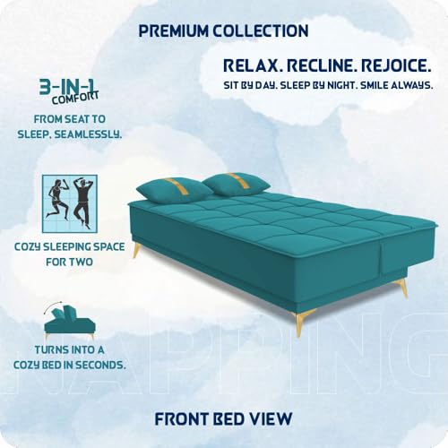 Image of Adorn India Premium New Alyssum 3 Seater Sofa Cum Bed 4X6 Velvet Suede with 2 Cushions (Color Aqua Blue) and Suitable for All Indoor, with 3 Years Warranty