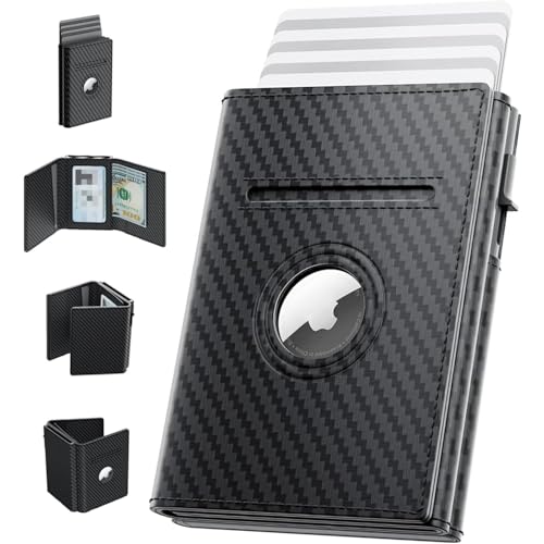 Genuine Leather Wallet for Men Slim Bifold AirTag RFID Blocking 10 Card Capacity Minimalist Front Pocket Gift (Carbon Fiber)