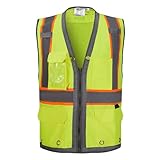 3C Products SV2700, ANSI/ISEA Class 2, Hi-Vis Neon Green/Yellow/Lime Surveyor Safety Vest, Solid Reflective Strips w/Orange Binding, 9 Pockets (Ipad Pocket)