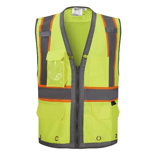 SV2700, Class 2, Hi-Vis Neon Green/Yellow Zipper Safety Vest Reflective Strips w/Orange Binding, 9 Pockets (IPAD)
