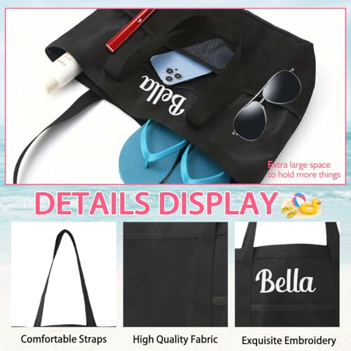 Custom Beach Bag with Embroidered Name,Personalized Mesh Tote Bag Pool Vacation Sandproof Foldable for Girls Women3