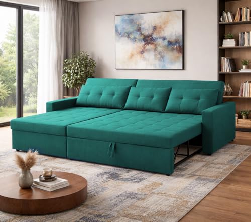 Image of Emilio 4 Seater LHS L - Shape Pull-Out Sofa Cum Bed Sofa for Living Room (Pine Fabric Color) Premium Fabric Sofa Set for Living Room Sofa Cum Bed