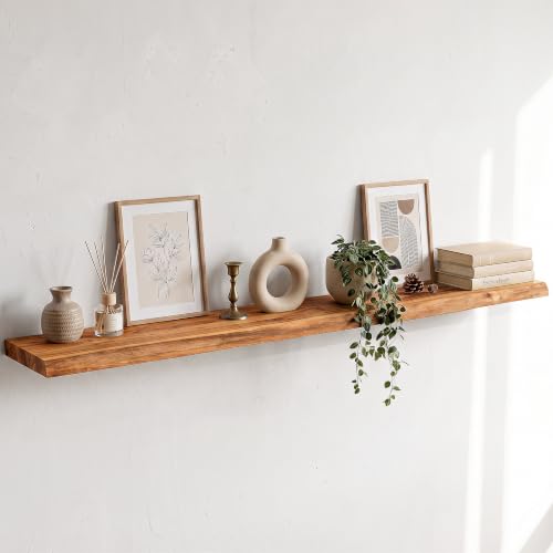 Image of Live Edge Elm Floating Shelves - 55 In Rustic Solid Wood Shelves with Heavy-Duty Invisible Bracket, Wall-Mounted Wooden Shelf for Living Room, Bathroom, Kitchen Storage & Display, Set of 1, Natural