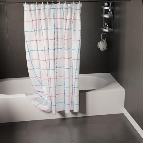 Image of Encasa XO Bathroom Shower Curtain 8 Feet with 10 Hooks | (56x96 in) Quick Dry Heavy Printed Polyester Fabric Bathroom Curtains Waterproof | Machine Washable, Mould & Mildew Resistant - Squares