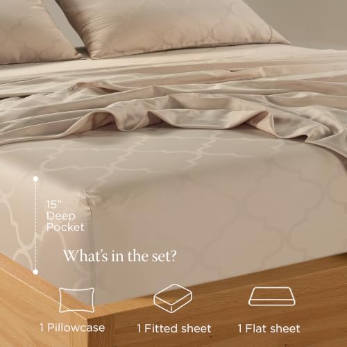 Image of Threadmill 300 Thread Count Cotton Twin Sheet Set, Sateen, Jacquard, Beige | 100% Cotton, Sateen Weave, Jacquard Pattern, 3-Piece Set, 16 inch Deep Pocket, Cooling, Breathable, OEKO-TEX Certified