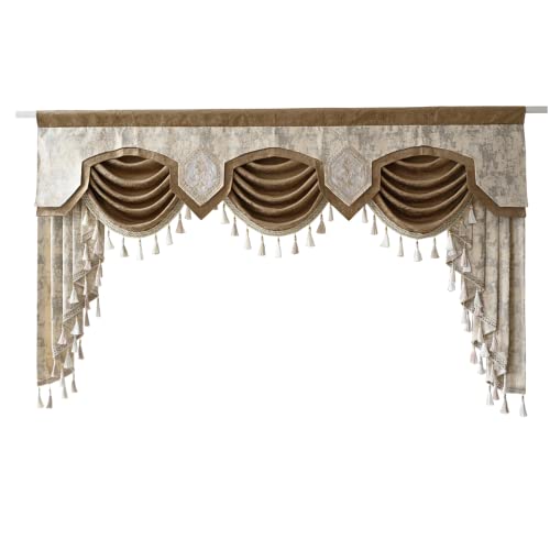 Newwpkira European Chenille Curtain Valance Luxury Swag Waterfall Valances For Windows Embroidery Valance With Beads/Tassels For Living Room Rod Pocket Top 1 Panel #TOP2