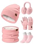 Niwicee Gorro Bufanda y Guantes Invierno Set 5PCS ...: 【Caliente Conjunto Esqui Mujer 5-in-1】Recibirá un conjunto combinado de invierno que consta de 1 Pieza Gorro de punto+1 pieza bufanda larga+1 Par de guantes táctiles de pantalla +1 pieza orejera caliente+1 Par de calcetines gruesos. El conjunto de in...
