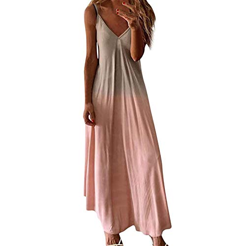 sreoci Women Tie Dye Colorful Sexy Sleeveless V Neck Maxi Dress Summer Casual Sundress Beach Party Long Dress-Pink Gradient-S