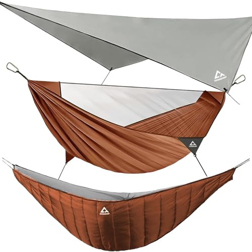 Image of Camping Hammock with Mosquito Net, Underquilt & Rain Fly Tarp - 2 Person Portable Hammock Set for Hiking, Backpacking, Travel, Backyard, Beach - Holds Up to 500lbs (Orange)