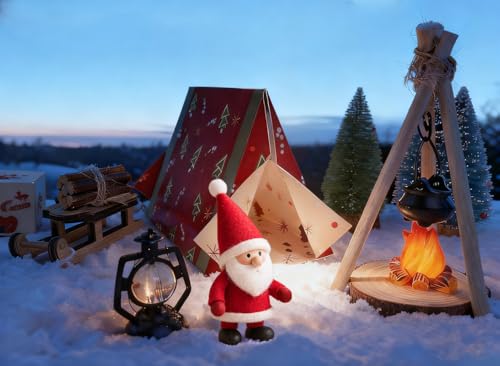 Wichtel Zubehör Set – Weihnachtselfen Camping Deko mit Miniatur Zelt, Schlitten, Bündel Brennholz, Stöcken, Hängeofen, Lagerfeuer, Tragelampe & Schnee