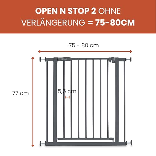 hauck Open N Stop 2, Dunkelgrau - Kinderschutzgitter Hundegitter, Verstellbare Breite 75-80 cm, 77 cm Hoch, Beidseitige Einhand Öffnung, ohne Bohren, für Innen