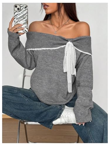 Verdusa Women's Bow Off The Shoulder Pullover Sweaters Y2k Lace Long Sleeve Knit Tops4