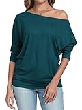 Poetsky Damen-Shirt, 3/4-Ärmel, sexy, schulterfrei, gerüscht, lockere Passform, Blaugrün, XX-Large