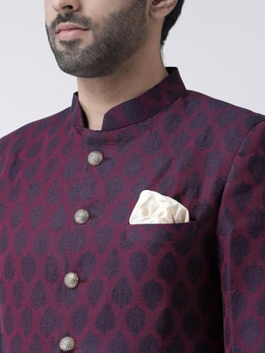 Kisah Men's Indo-Western Sherwani Dhoti Set, Purple Jacquard Woven Regular Fit Mandarin Collar Full Sleeves (S)