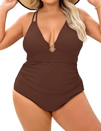 Women's One Piece Swimsuit Plus Size Tummy Control V Neck Swim Romper Bathing Suit Double Straps Backless Swimwear