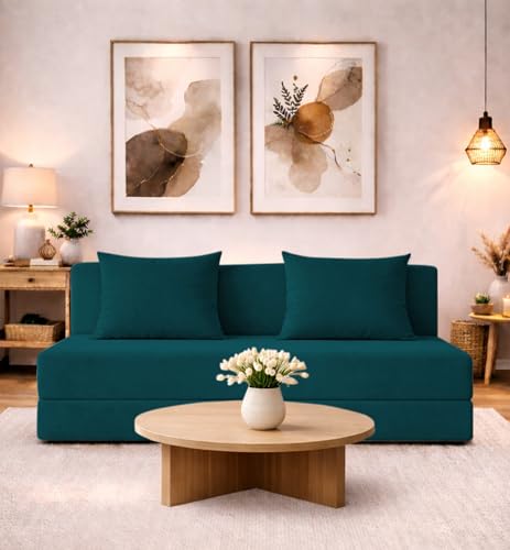 Image of Adorn India Easy 3 Seater Sofa Cum Bed | Velvet Fabric | Ocean Blue | Plain Design | 6x5 Ft | Comfortable Seating | Washable Cover | Perfect for Home & Office