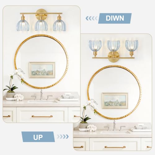 Image of Gold Bathroom Light Fixtures Over Mirror, 3 Light Bathroom Vanity Light with Tulip Blue Glass Lampshade, Vintage Vanity Lights for Bathroom, Bathroom Vanity Lights Over Mirror