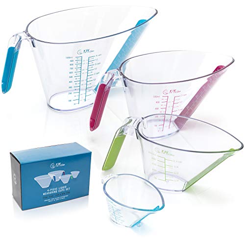 KPKitchen 4-Piece Liquid Measuring Cups Set - Includes Mini Ounce 1 2 and 4 Plastic Measuring Cup Sizes - Special Angled Measuring Cup Design with ML Cups Measurement - Small Large Measure Cup