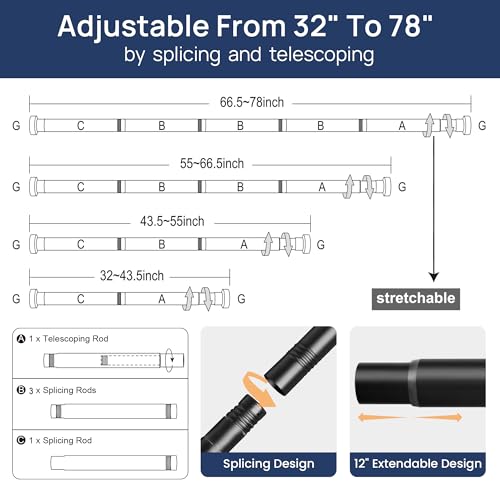 Image of ENJOYBASICS 2 Pack Tension Curtain Rod, 32-78 inch Adjustable, Stable, Black | Secure Hold with Strong Spring & Non-Slip Ends, No-Drill, No Tools, Sag-Resistant, Waterproof, Fits Windows, Showers & Closet