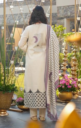 Image of Women's Muslin Geometric Wave Print Off White Straight Kurta & Pant Set with Dupatta | Shirt Collar V-Neck 3 /4 Bell Sleeve Crescent Print | Salwar Suit Set | Kurta Sets for Women