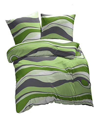 etérea Microfaser Bettwäsche Streifen Wellen New Alto 135x200 2er Set - Bügelfrei mit Reißverschluß - Allergiker geeignet nach Oekotex 100-135x200 + 80x80 - Grün Grau Cover