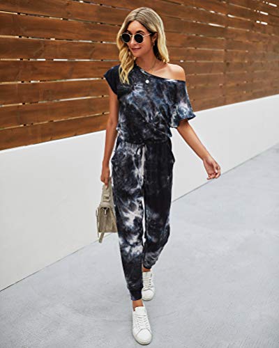 Image of PRETTYGARDEN Jumpsuits for Women Summer Off Shoulder Romper | Short Sleeve Drawstring Waist, Jogger Jumpers with Pockets, One Piece Spring Break Outfits, Vacation Travel Lounge Clothes