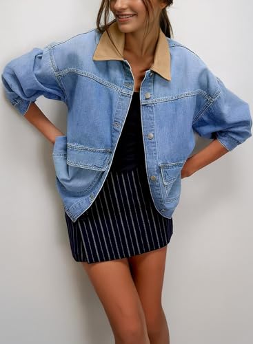 EVALESS Jean Jacket Women Trendy Color Block Denim Jacket Oversized Long Sleeve Button Down Barn Jackets Shacket Coat2