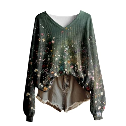 Generisch 2026 Chaqueta de Invierno Blusa de Mujer Estampado Floral Manga Larga Ajuste Holgado Top Casual Cómodo Tejido Suave Elegante Camisa Túnica Femenina, Verde oscuro., XL