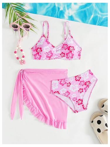 Floerns Girl's 3 Piece Swimsuit Floral Ruched Bust Bikini Set with Cover Up Skirt3