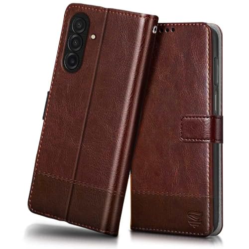 Image of FLIPPED Vegan Leather Flip Case Back Cover for Samsung Galaxy M17 5G | A17 5G | F17 5G (Flexible, Shock Proof | Hand Stitched Leather Finish | Card Pockets Wallet & Stand | Tan with Brown)