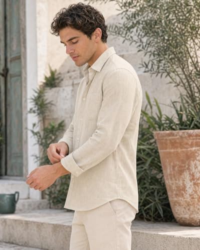 Image of Nobero Breezy Premium Linen Cotton Shirt for Men | Stylish Casual Shirts for Men | Semi Cut Collar | Box Pleat | Curved Hem | Regular Fit | Full Sleeve | S-XXXL
