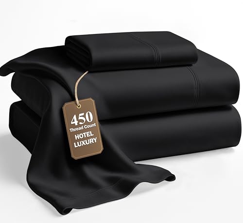 Image of LANE LINEN Twin Sheet Set - 450 Thread Count Premium Sateen Weave for Silky Feel On Skin - Cooling Sheets for Deep Sleep - Securely Fits Mattresses Upto 15'' Deep - Oeko Tex Certified - Black