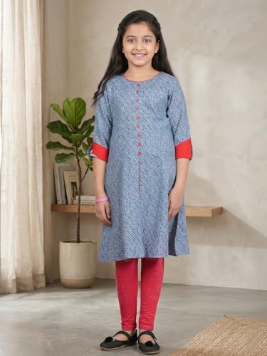 Image of Yash Gallery Girls Rayon Regular Fit Geometric Print A-Line Kurta