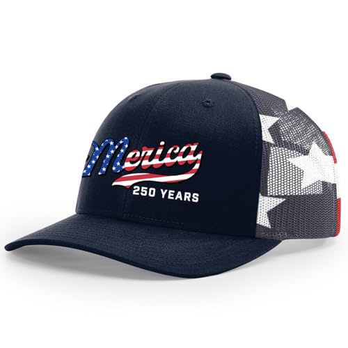 Trenz Shirt Company Mens Patriotic USA Flag Filled Merica Beer Logo 250 Years Embroidered Mesh Back Trucker Hat (Navy/American Flag)