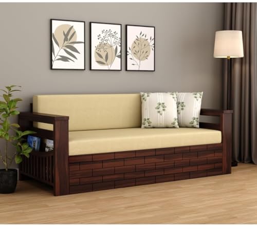 Image of Sheesham Wood Sofa Cum Bed with Mattress - 3 Seater Wooden Sofa Bed for Living Room | Solid Wood Convertible Diwan Couch with Side Storage (Design 3)