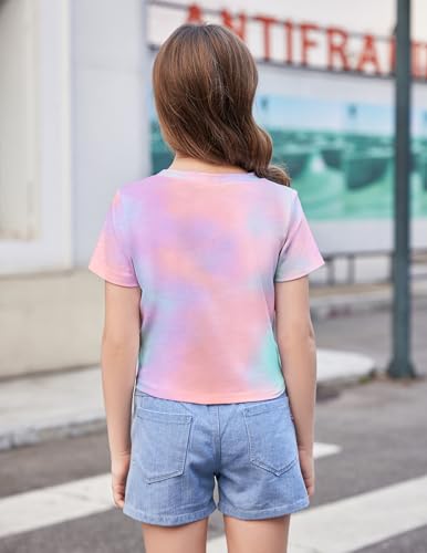 Image of Arshiner Girls Casual Tie Dye Short-Sleeve T-Shirt Cute Print Summer Blouse for Girls Twist Front Tunic Tee Tops