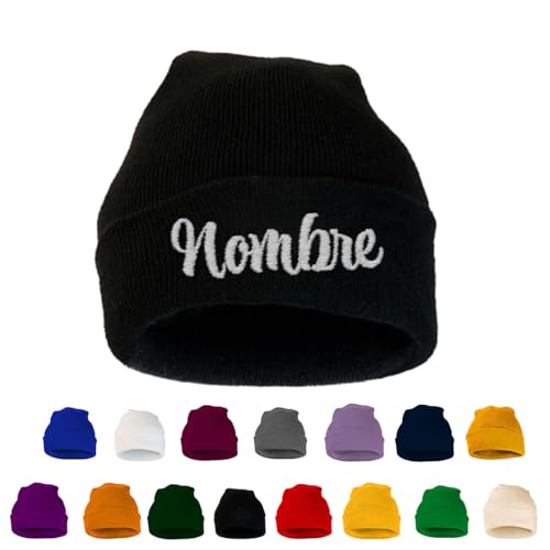 ZPUBLI+ Gorro de Invierno Personalizado en Bordado.Beanie Hombre,Mujer y niños. Gorro de Punto,Lana, cumpleaños,Aniversario,San Valentin. (FR/ES, Letras, Talla única, Adulto, Negro)
