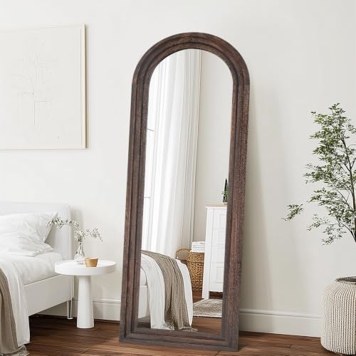 Image of 58x22 Arched Full Length Mirror, Solid Wood 3 Layer Frame, Brown